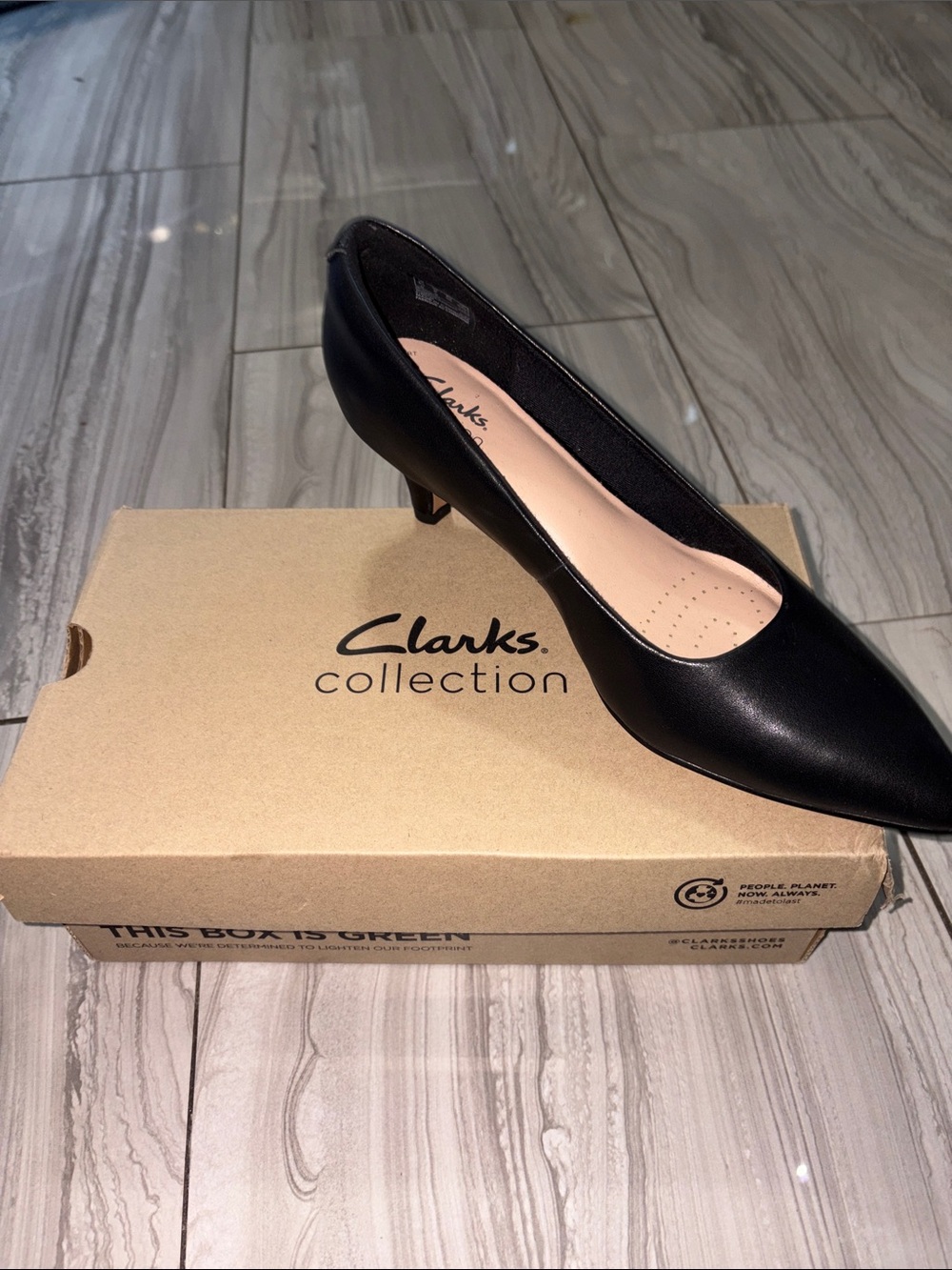 Clarks Black Leather Pointed Low Heel Pump